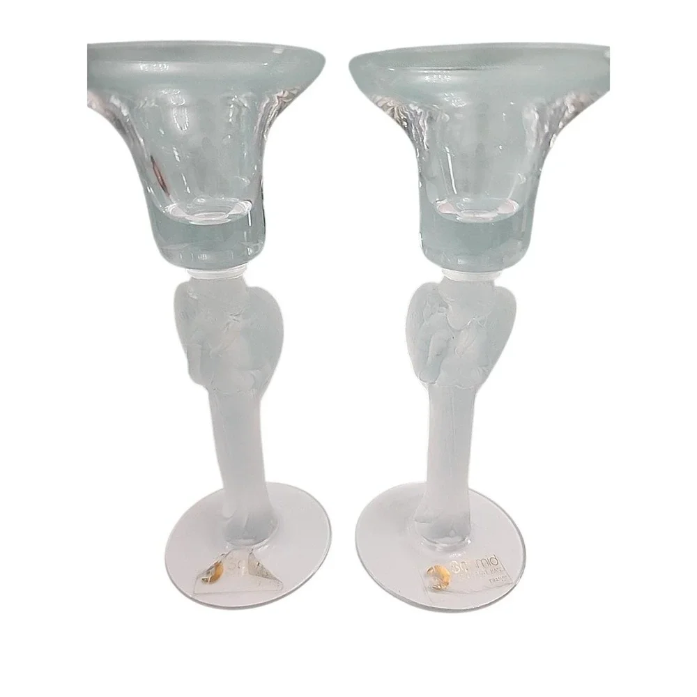 Schmid Folio Of France Hand Blown‎ Frosted Angel Candle Stick Set Of 2- Vintage